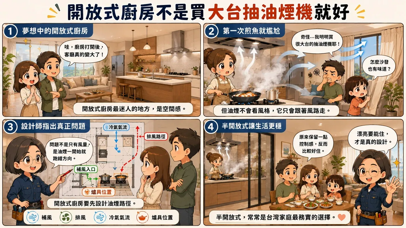 開放式廚房油煙怎麼解決？設計師提醒：不是抽油煙機買大台就好